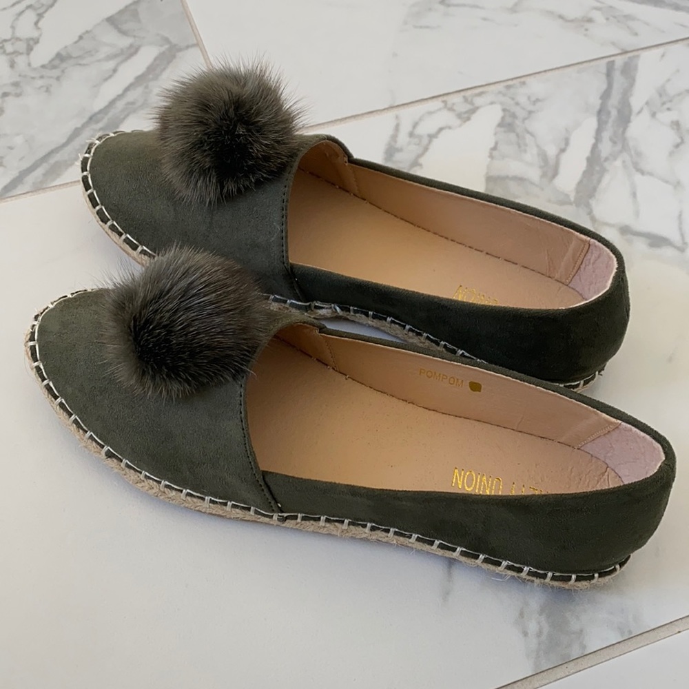 Olive green pompon slip on shoes. Never worn!